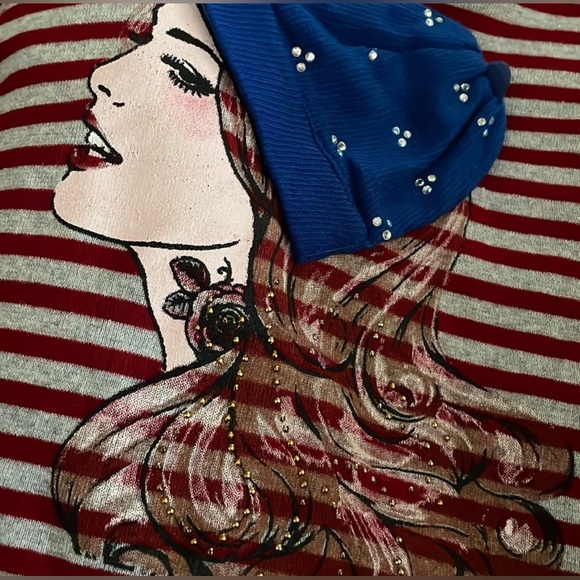 Gushy Red and White Striped Paris Hoodie with a Paris Girl in a Jeweled Beanie - Picture 2 of 6
